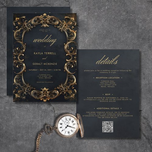 Vintage Black  Gold Frame All In One Wedding Invitation