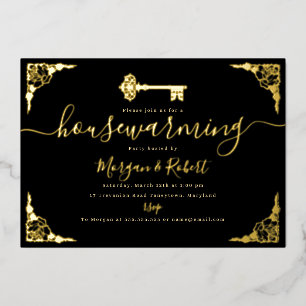 Vintage Black Gold Key Housewarming Party  Foil Invitation
