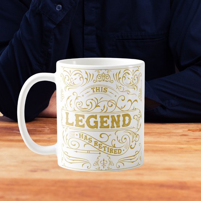 Vintage Black Gold Legend Retirement Coffee Mug (In situ Kitchen table)