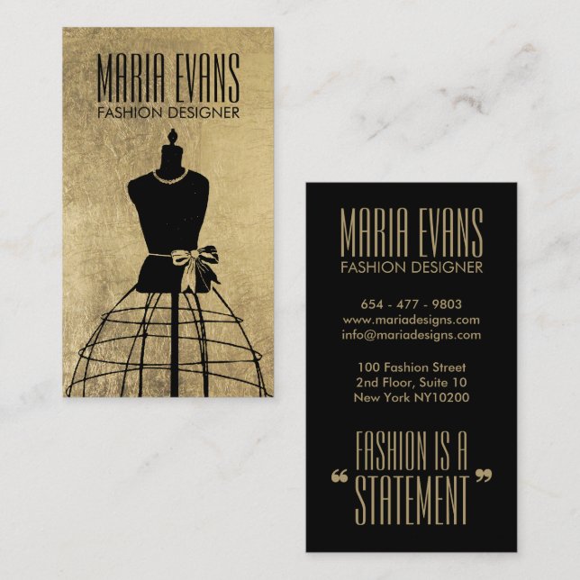 Vintage black gold mannequin chic fashion business card (Front/Back)