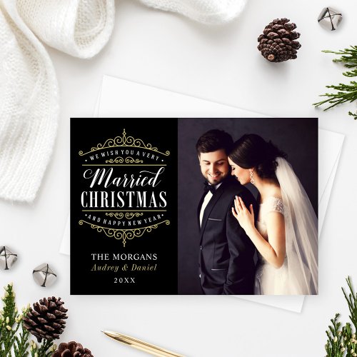 Vintage Black Gold Married Christmas Wedding Photo Holiday Card