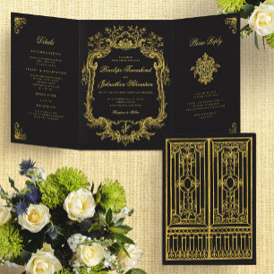 Vintage Black Gold Moody Elegant Gate Wedding Tri-Fold Invitation