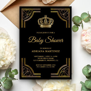 Vintage Black Gold Ornate Crown Baby Shower Invitation