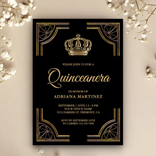 Vintage Black Gold Ornate Crown Quinceanera Invitation