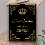 Vintage Black Gold Ornate Crown Sweet Sixteen Invitation<br><div class="desc">Amaze your guests with this royal theme sweet sixteen invitation featuring an elegant gold ornate border and a beautiful crown. Simply add your event details on this easy-to-use template to make it a one-of-a-kind invitation. Flip the card over to reveal a beautiful gold pattern on the back of the card....</div>