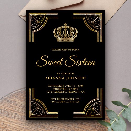 Vintage Black Gold Ornate Crown Sweet Sixteen Invitation