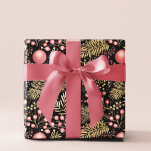 Vintage Black Gold & Pink Ornaments Botanical Wrapping Paper