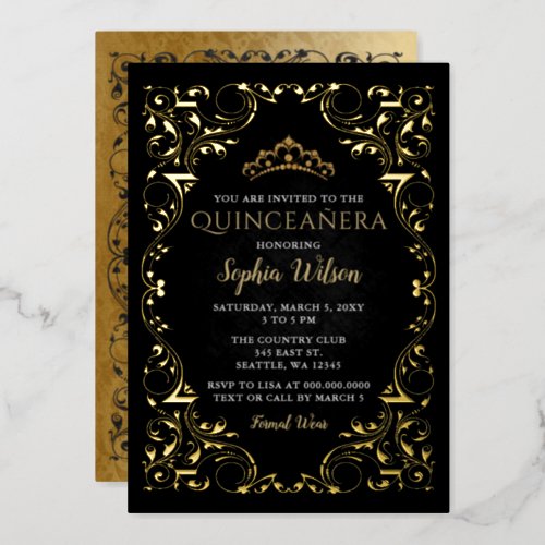 Vintage Black Gold Princess Tiara Quinceaera Foil Invitation