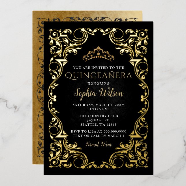 Vintage Black Gold Princess Tiara Quinceañera Foil Invitation (Front/Back)