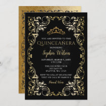 Vintage Black Gold Princess Tiara Quinceañera   Invitation