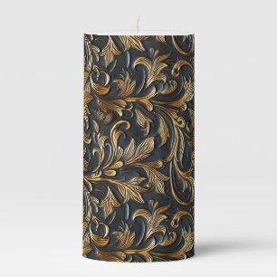 Vintage black gold tooled leather pillar candle