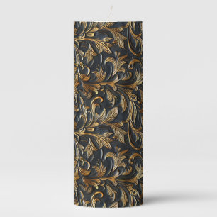 Vintage black gold tooled leather pillar candle