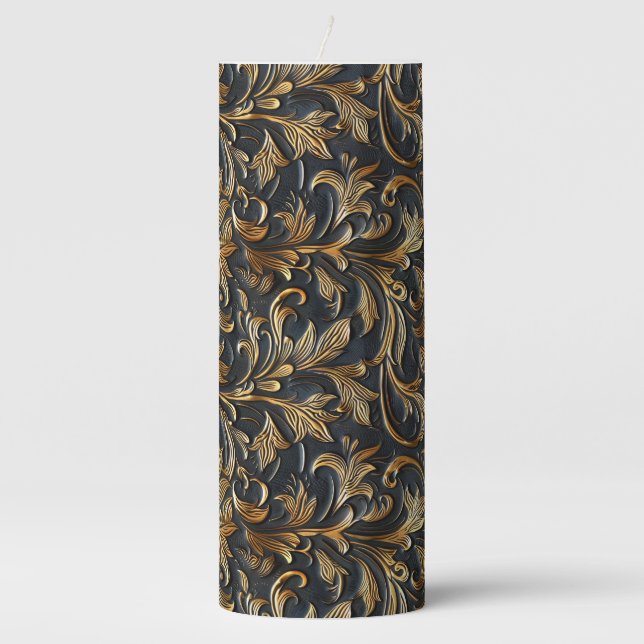 Vintage black gold tooled leather pillar candle (Front)