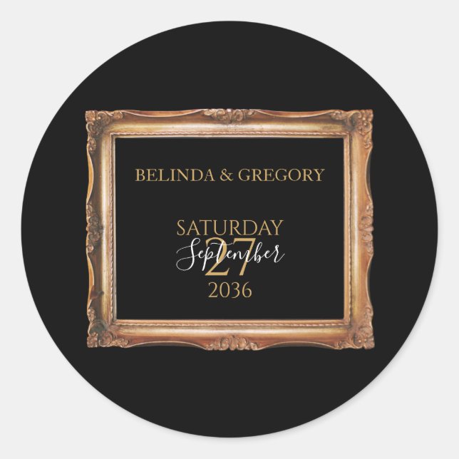 Vintage Black & Gold Wedding  Classic Round Sticker (Front)