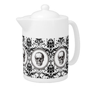 Vintage Black Gothic Style Damask Pattern Skull Teapot