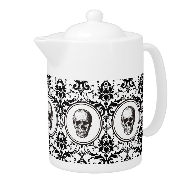 Vintage Black Gothic Style Damask Pattern Skull Teapot (Right)