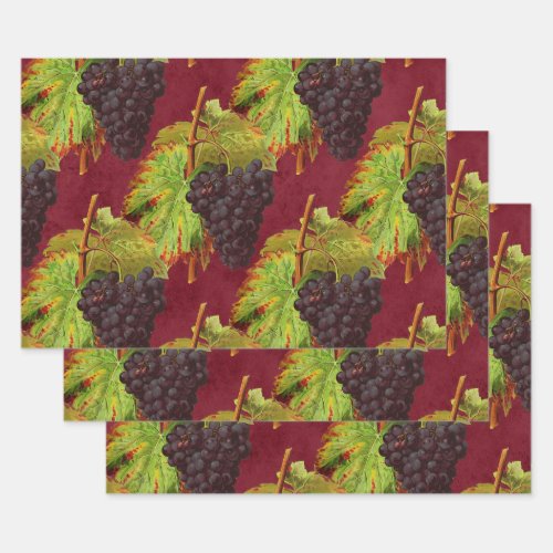 Vintage Black Grapes and Vines on Wine Red Wrapping Paper Sheets