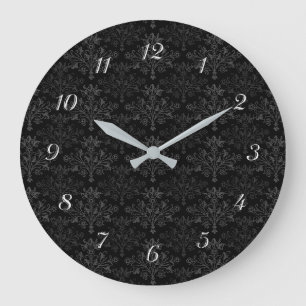 Vintage Black Gray Damask Pattern With Numbers Large Clock