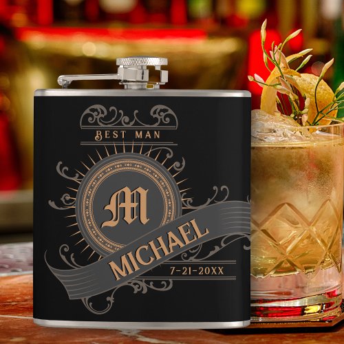 Vintage BlackGrayGold with Initial Best Man  Flask