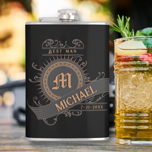 Vintage BlackGrayGold with Initial Best Man  Flask