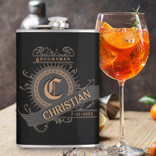 Vintage Black/Gray/Gold with Initial Groomsman Flask