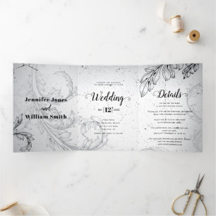 Vintage black,gray scroll leaf flourish wedding Tri-Fold invitation