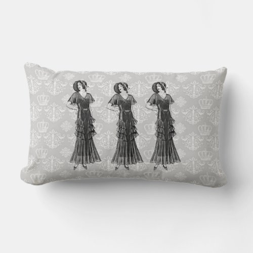 Vintage black gray white damask ladies lumbar pillow