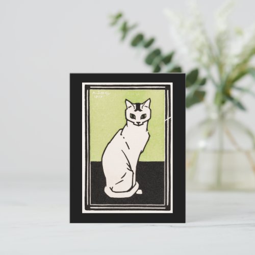 Vintage Black Green White Sitting Cat Illustration Note Card