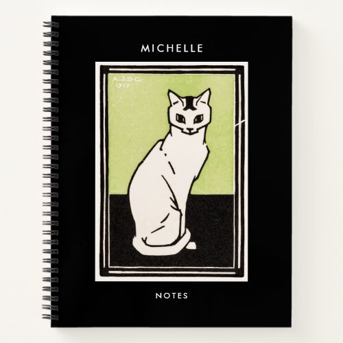 Vintage Black Green White Sitting Cat Notebook