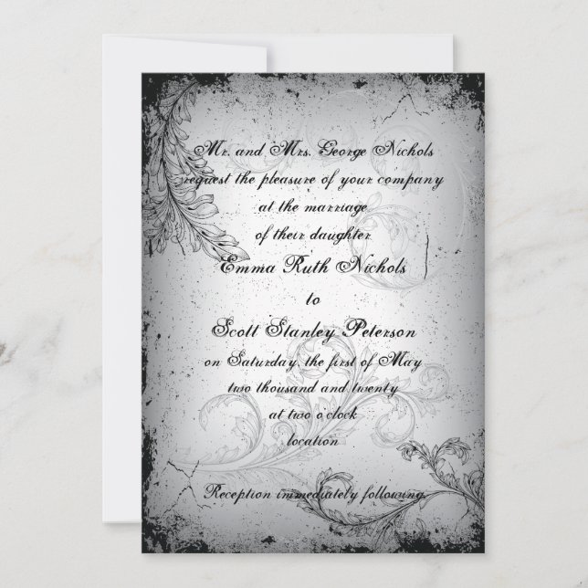 Vintage black grey scroll leaf wedding invitation (Front)