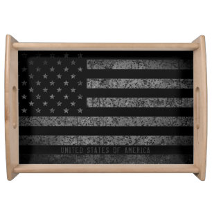 Vintage Black Grunge American Flag Distressed Text Serving Tray