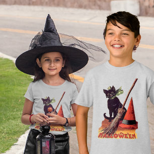 Vintage Black Halloween Cat Witch Hat Broom Kids' T-Shirt