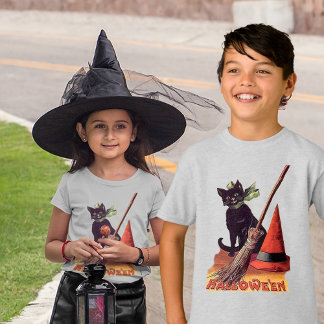 Vintage Black Halloween Cat Witch Hat Broom Kids' T-Shirt