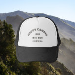 Vintage Black Happy Camper Camping Crest  Trucker Hat<br><div class="desc">Happy Camper, camping crest, personalized vintage black trucker hat. Personalize with the year of your camp trip and location. Perfect for adventurous friends or family as they embark on their happy campers trip or reunion camping weekend. Order matching hats for the whole camp crew. Designed to match our Happy Camper...</div>