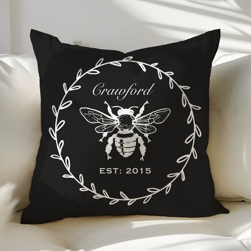 Custom Throw Pillows 5 Vintage Black Honey Bee Laurel Honeycomb Monogram Throw Pillow