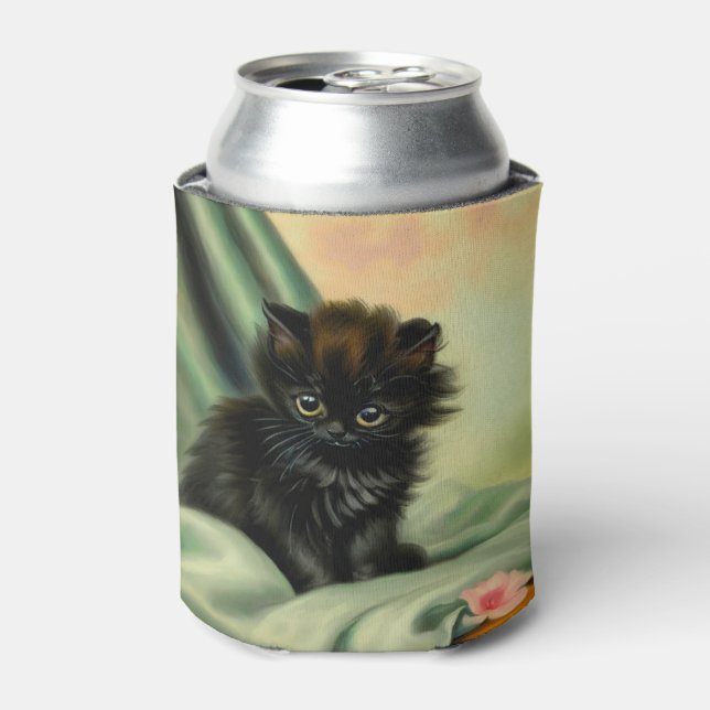 Vintage Black Kitten Illustration Can Cooler (Can Front)