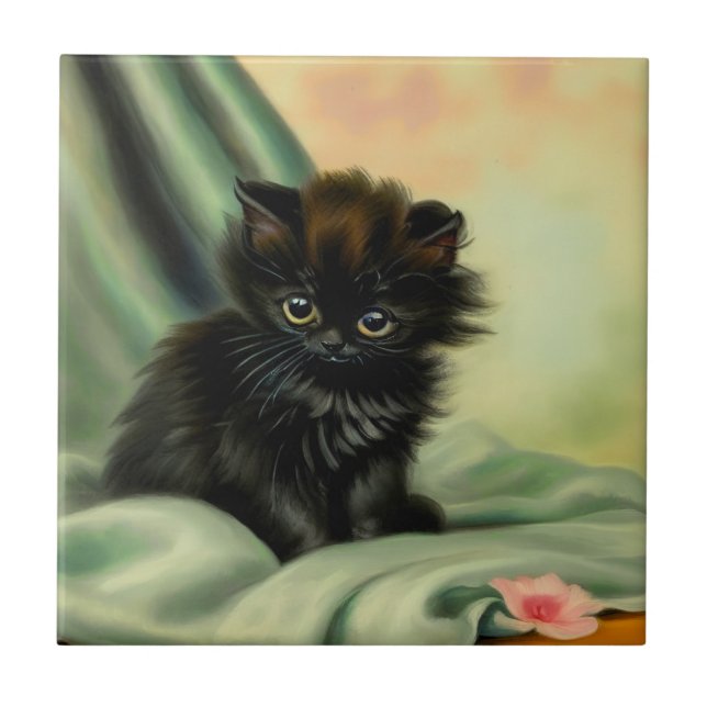 Vintage Black Kitten Illustration Ceramic Tile (Front)