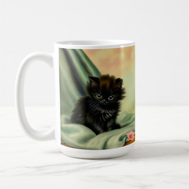 Vintage Black Kitten Illustration Coffee Mug (Left)