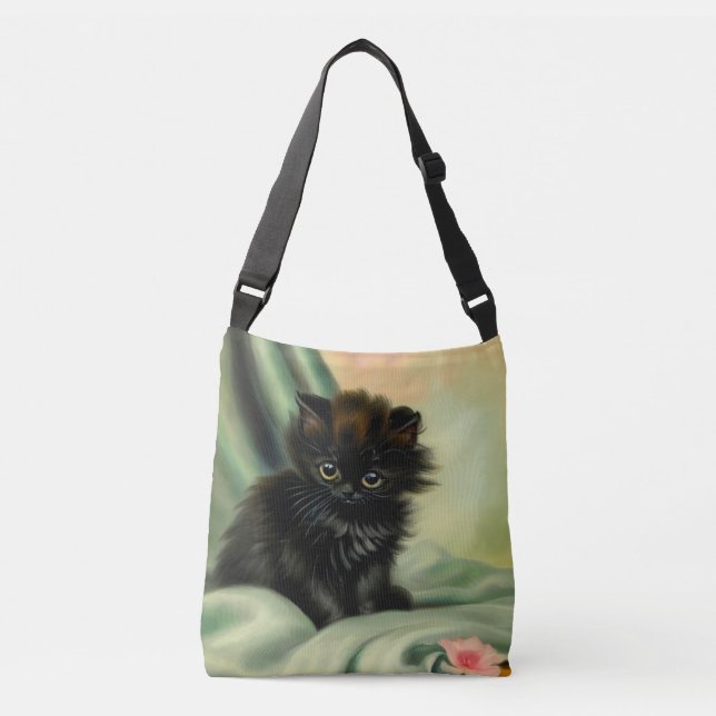 Vintage Black Kitten Illustration Crossbody Bag (Front)