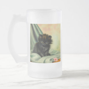 Vintage Black Kitten Illustration Frosted Glass Beer Mug