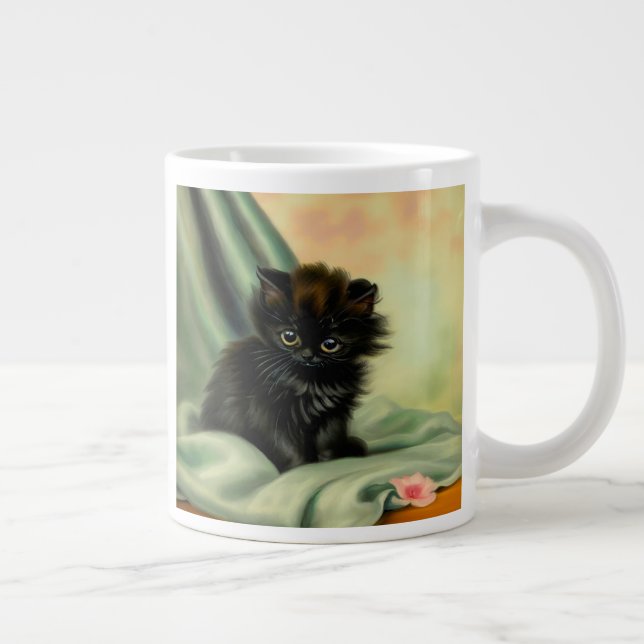 Vintage Black Kitten Illustration Giant Coffee Mug (Right)