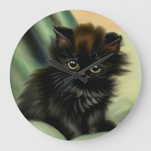 Vintage Black Kitten Illustration Large Clock