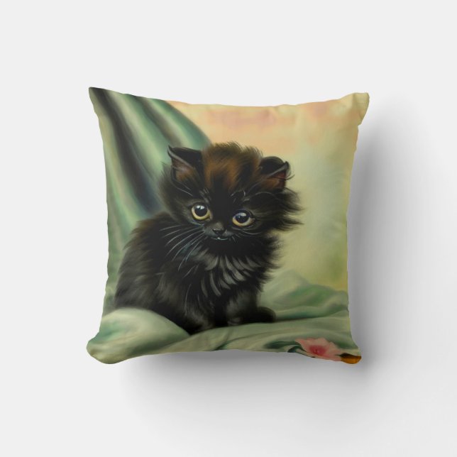 Vintage Black Kitten Illustration Throw Pillow (Front)