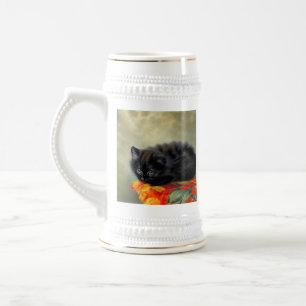 Vintage Black Kitten with Red Flower Blanket Beer Stein