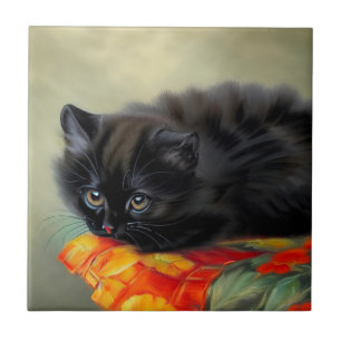 Vintage Black Kitten with Red Flower Blanket Ceramic Tile