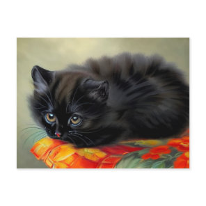 Vintage Black Kitten with Red Flower Blanket Postcard