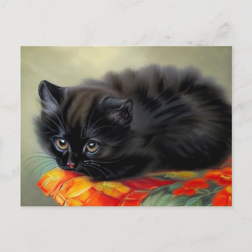 Vintage Black Kitten with Red Flower Blanket Postcard