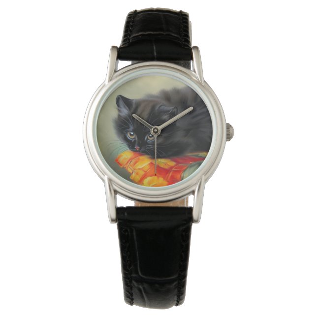 Vintage Black Kitten with Red Flower Blanket Watch (Front)