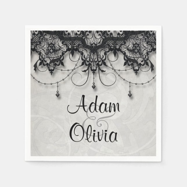 Vintage Black Lace Chandelier Monogram Wedding Paper Napkins (Front)