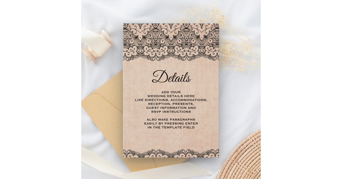 Vintage Black Lace Rustic Burlap Details Enclosure Card | Zazzle